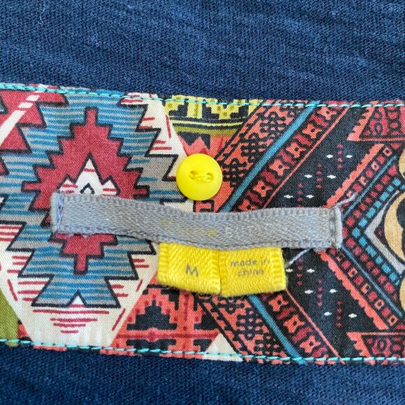 Anthropologie Little Yellow Button Wms Med Navy Blue Tunic Top Embroidered Boho - Picture 3 of 6